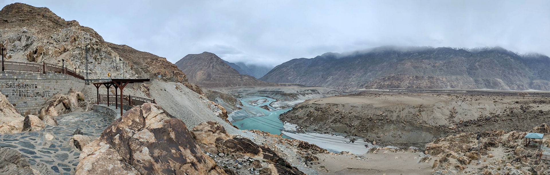 The meeting point of Himalayas, Karakorum and Hindu Kush at the confluence of Gilgit River with Indus near Jaglot